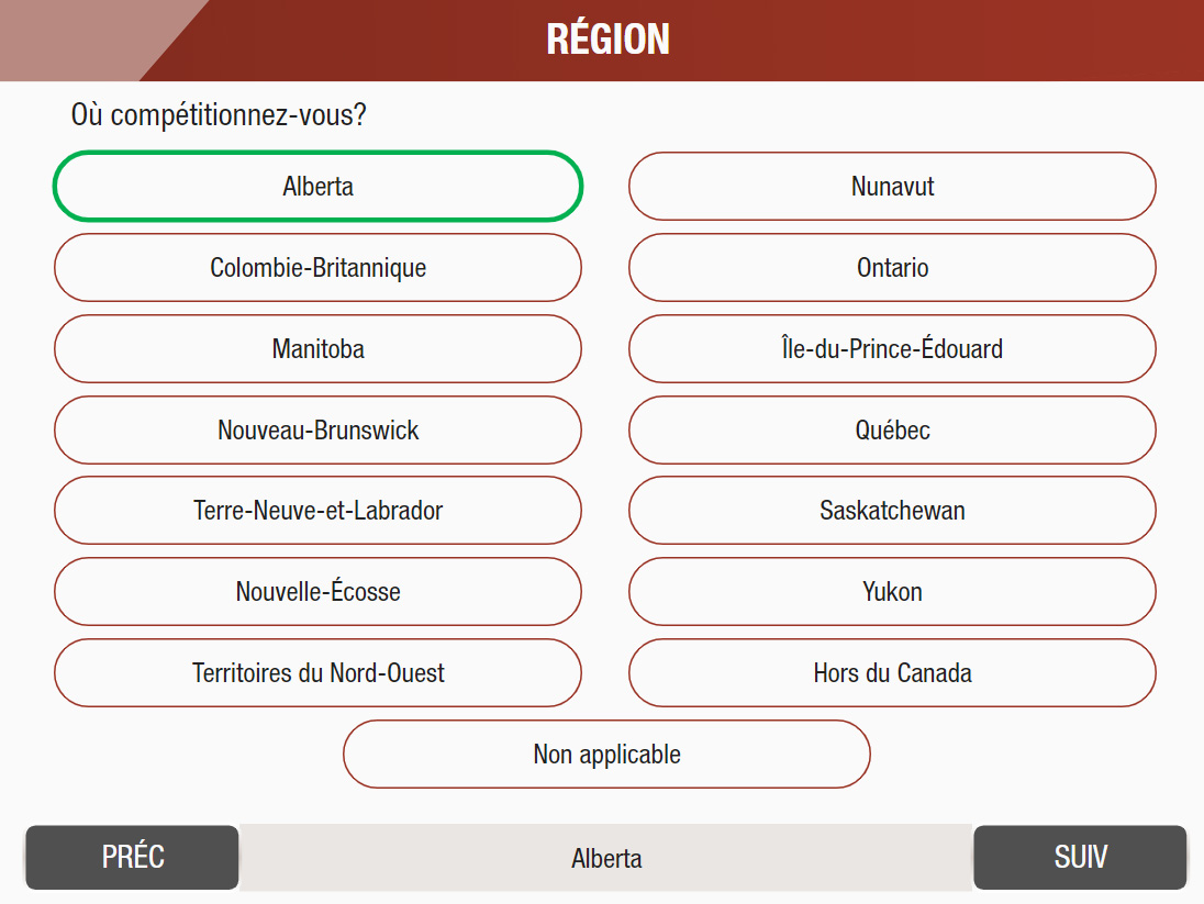 Provincial selection screen French language